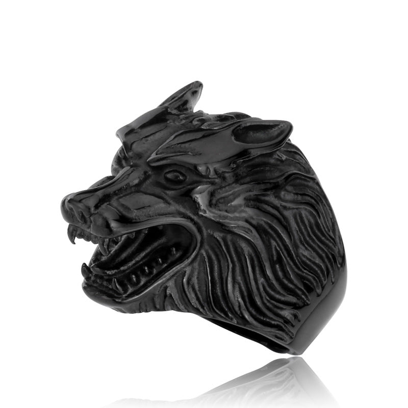 Wholesale European and American Titanium Steel Wolf Head Ring for Men - Retro Jewelry Collection