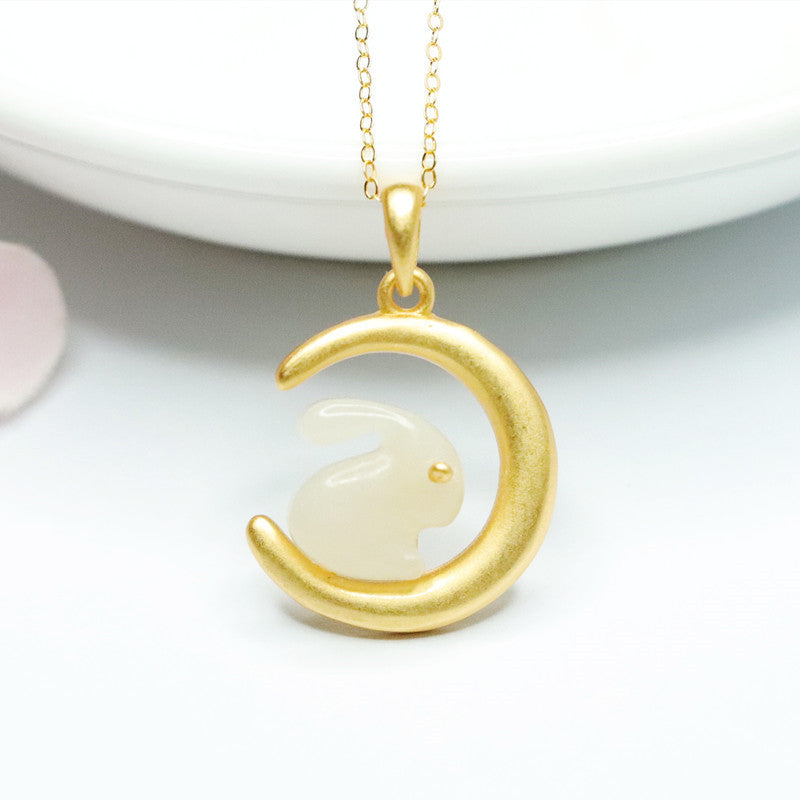 White Jade Moon Necklace crafted from Sterling Silver and Natural Hotan Jade