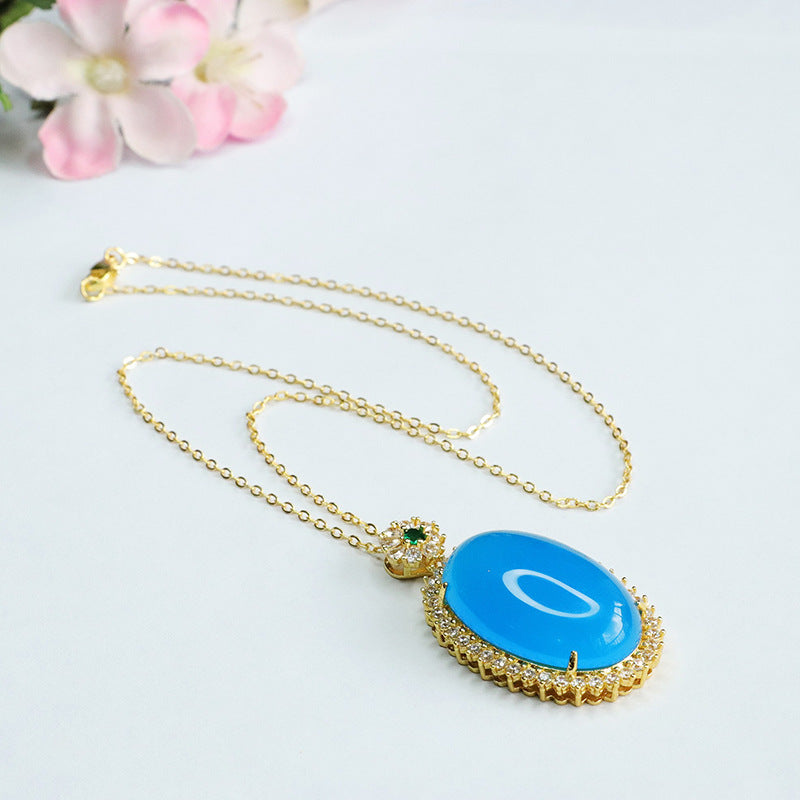 Blue Chalcedony Pendant Necklace with Zircon Halo