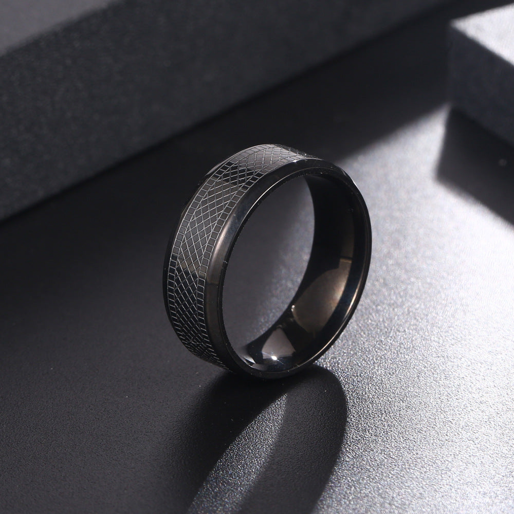 Trendy Titanium Steel Men's Ring with Dark Plaid Snakeskin Texture - Hip-Hop Jewelry