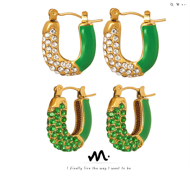 Luxurious Titanium Steel Rhinestone Emerald Drip Earrings