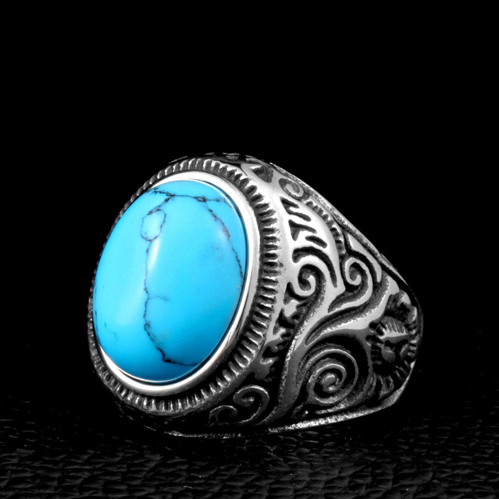 Stylish Engraved Titanium Steel Men's Ring with Vintage Gemstone Accent - Fashion Jewelry Wholesale