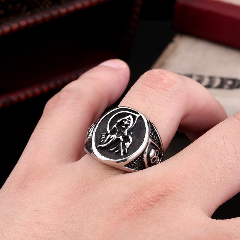 Titanium Steel Reaper Skull Ring for Men - European and American Creative Sickle Design