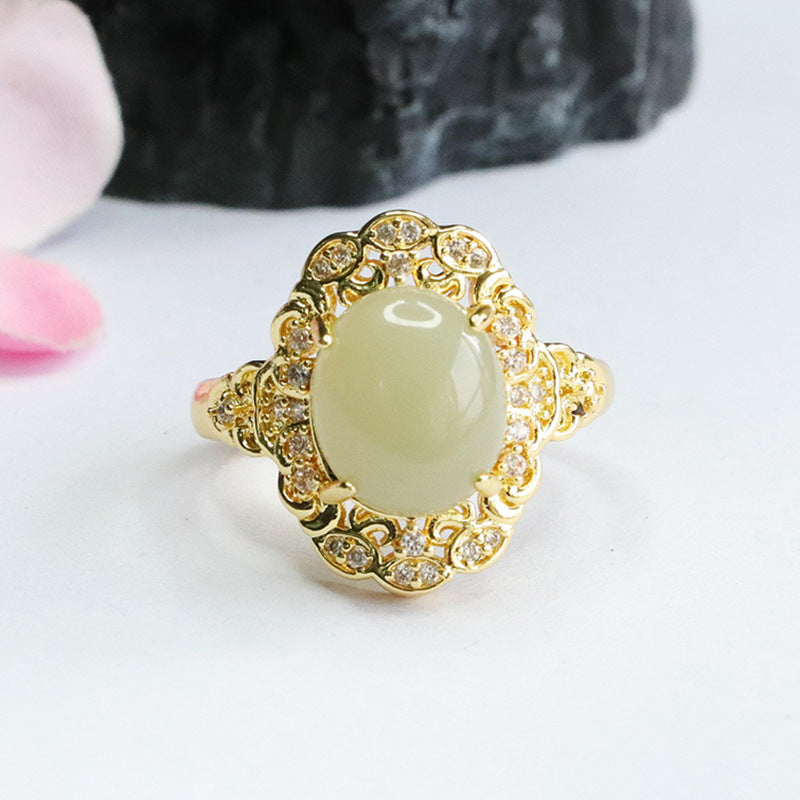 Elegant Hetian Jade Palace Style Ring with Sterling Silver