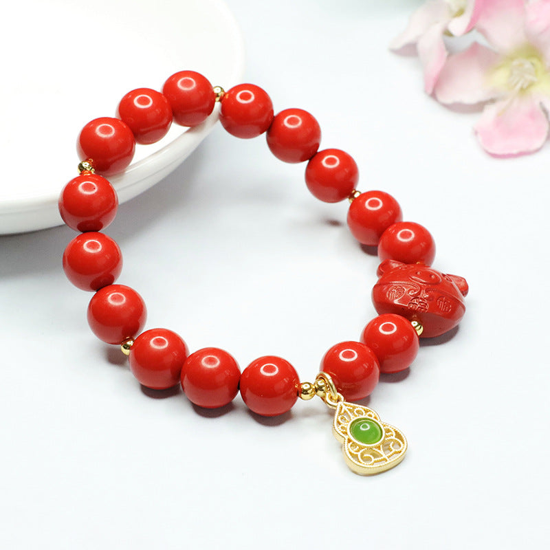 Red Cinnabar and Jade Gourd Zodiac Pig Bracelet