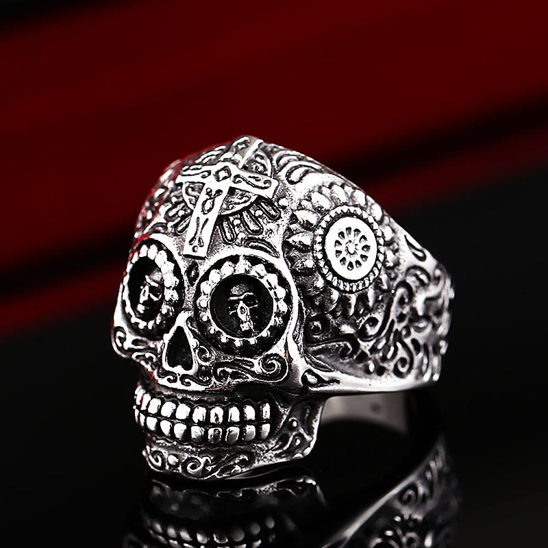 Custom Engraved Skull Cross Ring in Retro Titanium Steel for Men - European and American Style Stainless Steel Ring