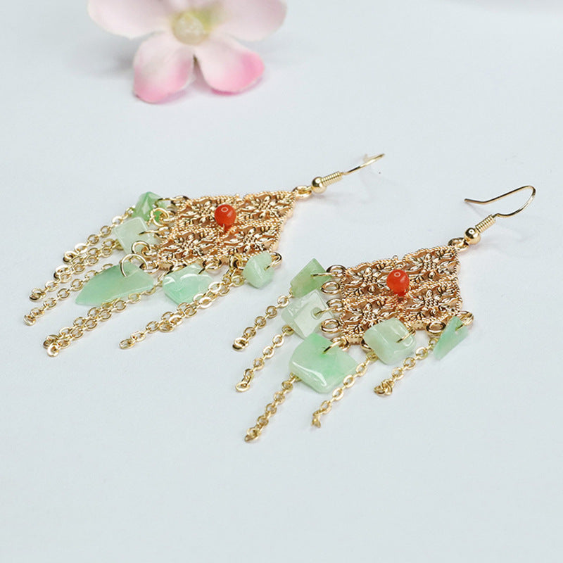 Myanmar Jade Tassel Earrings with Diamond Shaped Ear Hooks