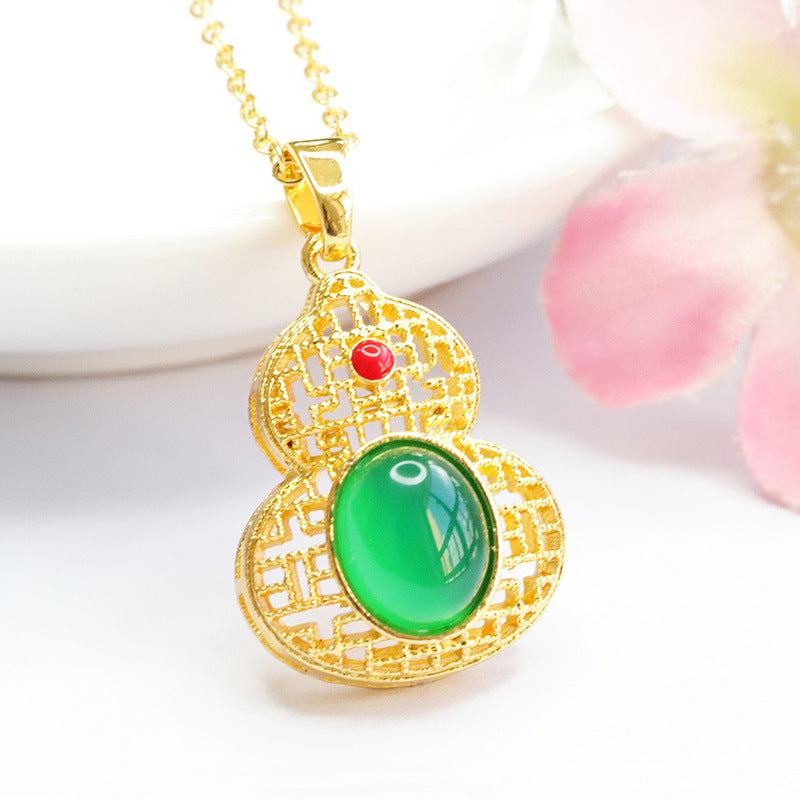 Natural Green Chalcedony Red Agate Hollow Gourd Golden Pendant Ethnic Style