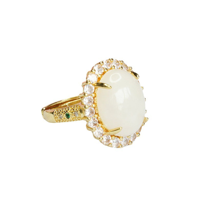 Jade Ring with White Jade and Zircon Gemstones