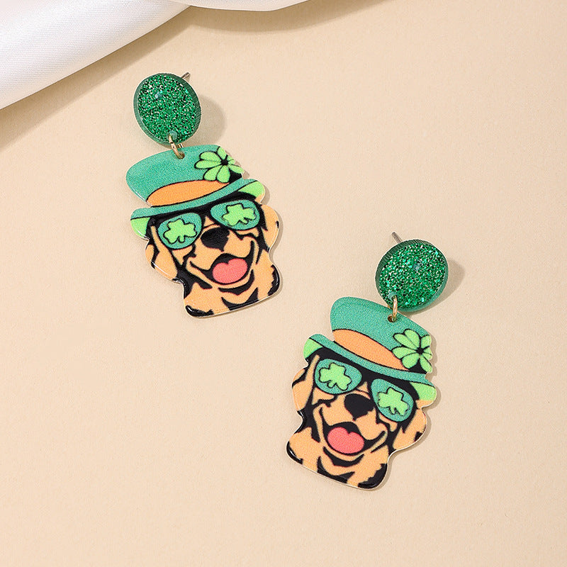 Green Hat Dog Fun Earrings for Stylish Kids and Colorful Women