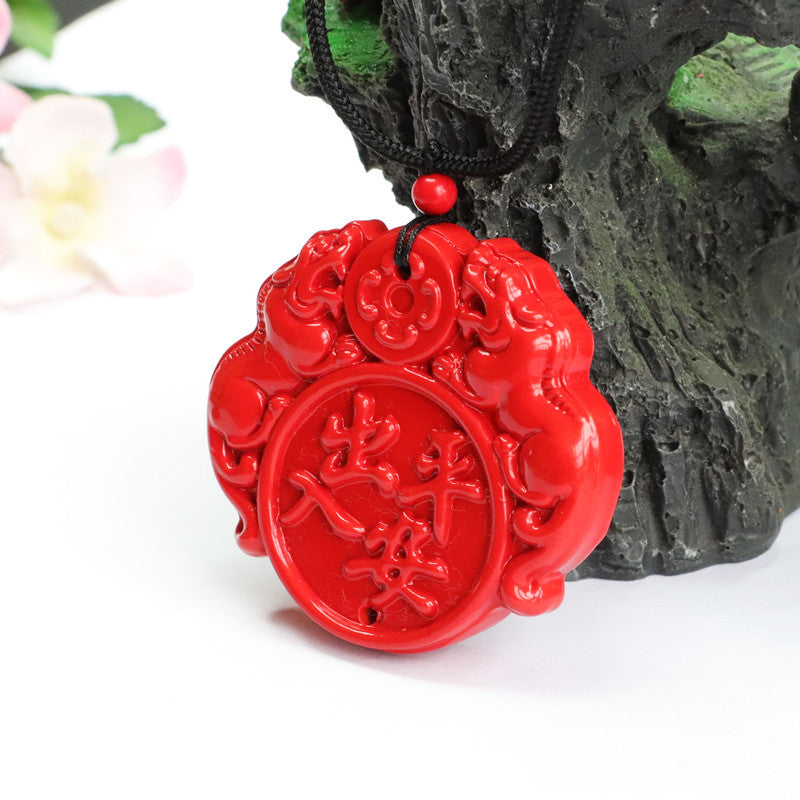 Vermilion Sand Pendant with Red Double Pixiu and Double-Sided Carving for Luck and Protection