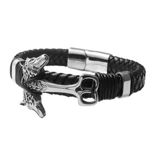 Men's Punk Leather Bracelet with Titanium Steel Wolf Design - Woven Animal Motif