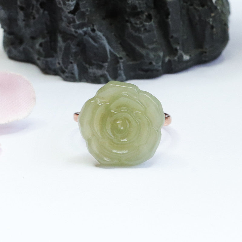 Sterling Silver Hetian Jade Rose Ring in Adjustable Design