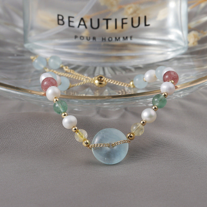 Korean Style Aquamarine Crystal and Freshwater Pearl Bracelet with Sterling Silver Clasp