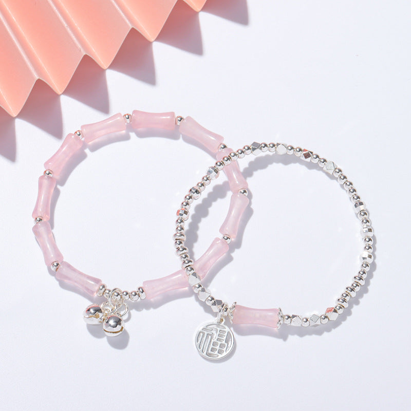 Retro Chinese Style Pink Quartz Crystal Bracelet with Sterling Silver and Fortune Bell Detail