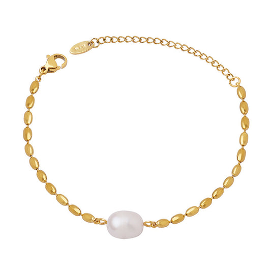 Korean Freshwater Pearl and Metal Chain Bracelet with Rice Beads - Elegant and Timeless Jewelry Piece