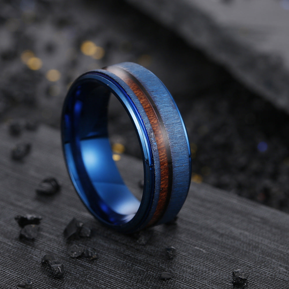 European Style Titanium Steel Ring with Wood Grain Detail - Men's Fashion Ring