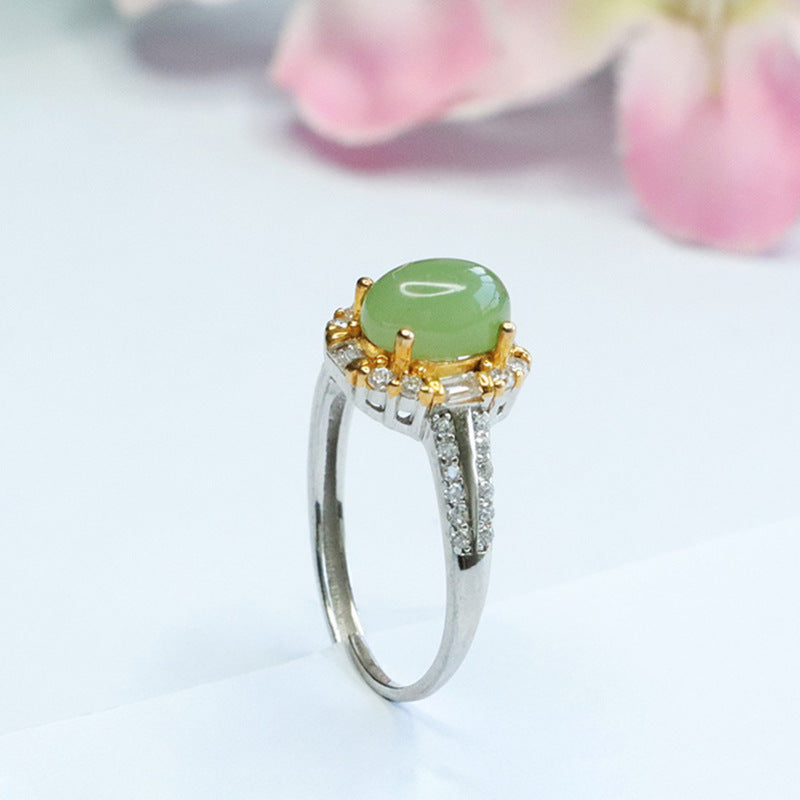 Sparkling Zircon Hotan Jade Jasper Egg Silver Ring