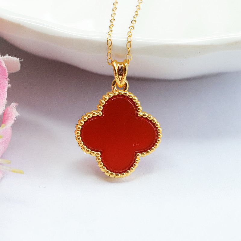 Red Agate Clover Pendant with Golden Edge