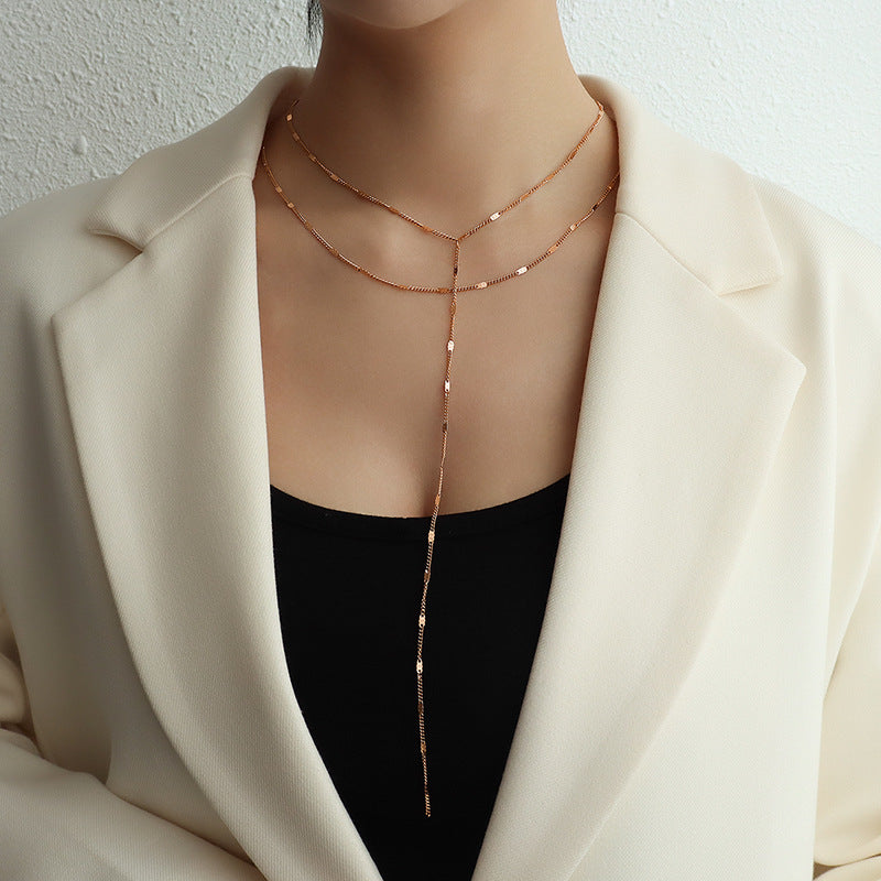 Enchanting Double-Layered Tassel Necklace with Titanium Steel and 18k Gold Accents