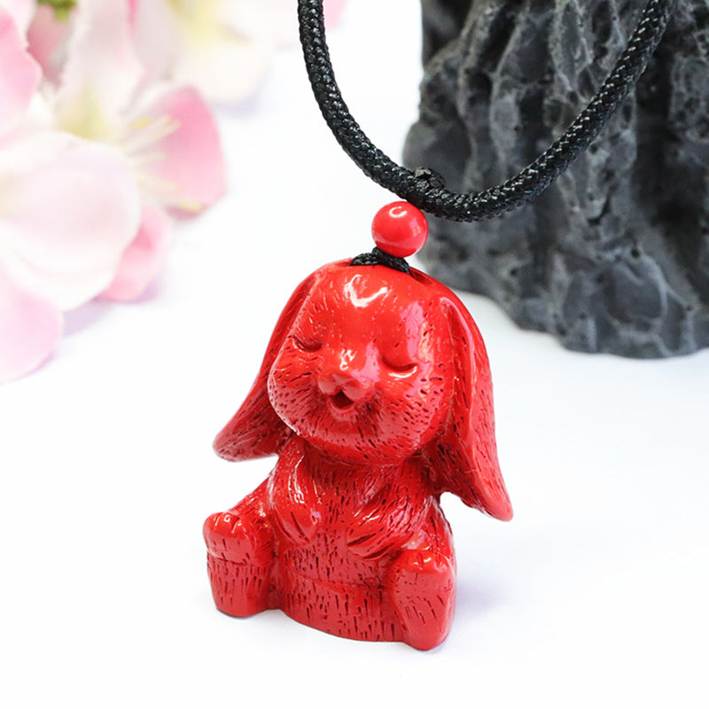 Vermilion Sand Rabbit Pendant with Cinnabar Stone - Sterling Silver Bunny Necklace