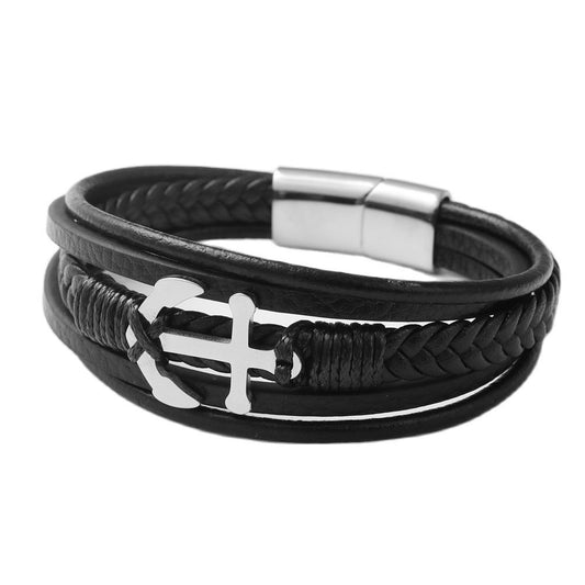 Punk-Inspired Titanium Steel Cross Hook Leather Bracelet for Men