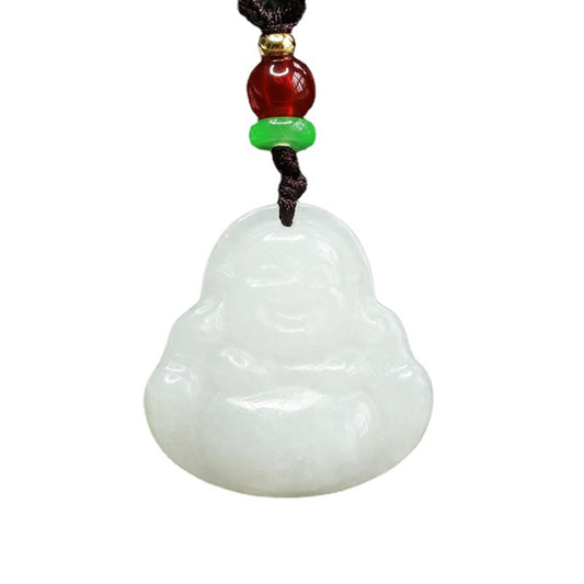 White Jade Maitreya Buddha Necklace crafted with Sterling Silver