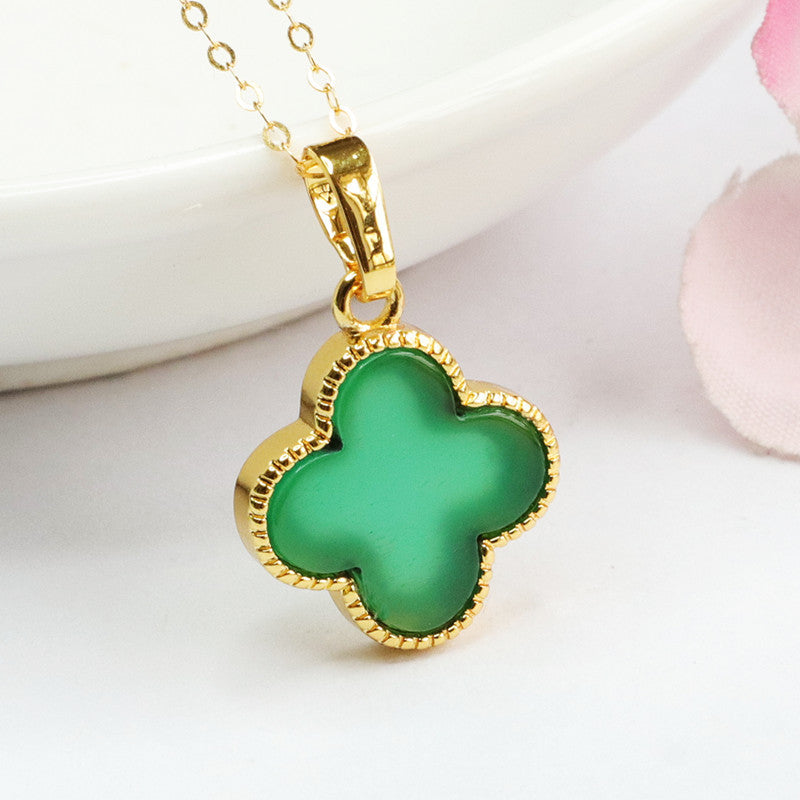 Clover Pendant Fortune's Favor Necklace with Green Chalcedony Gem