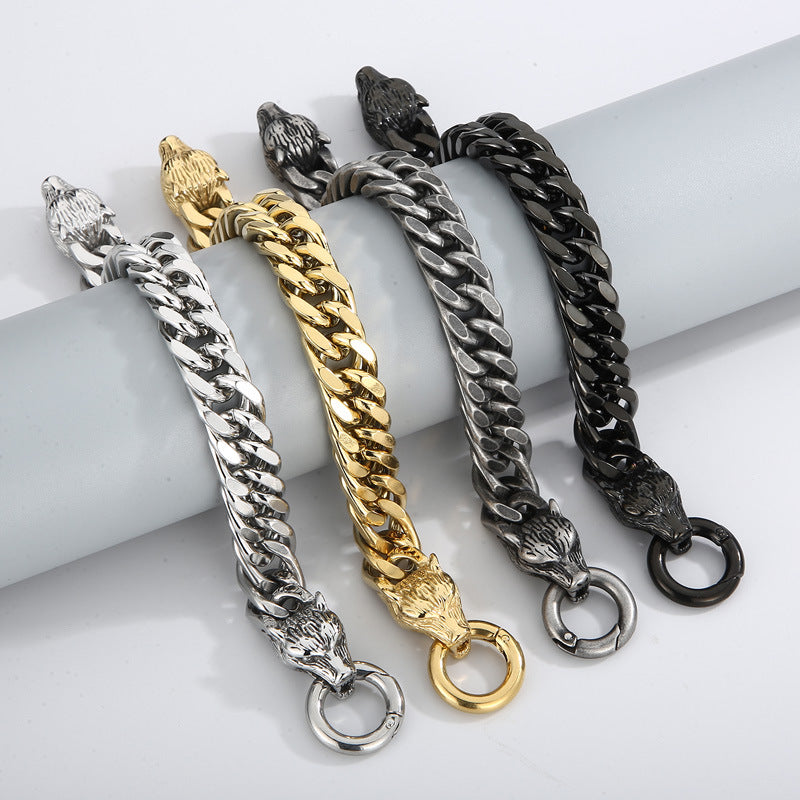 Punk-Inspired Stainless Steel Wolf Head Bracelet for Men - European and American Trend Design