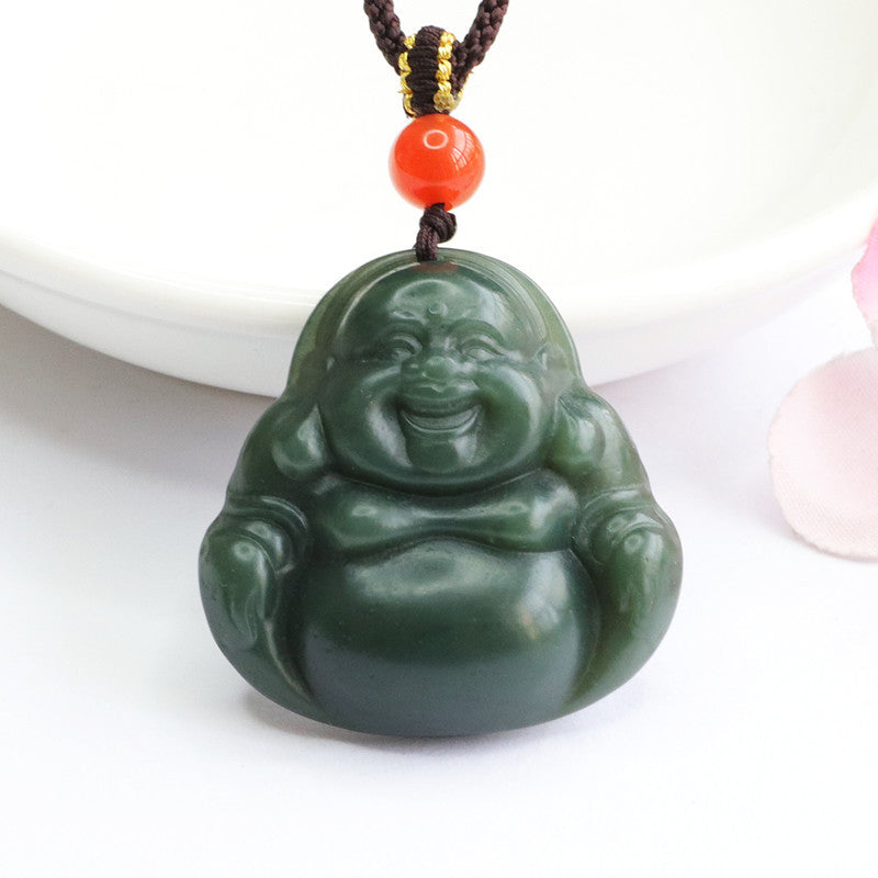 Buddha Pendant Necklace with Green Jade and Sterling Silver