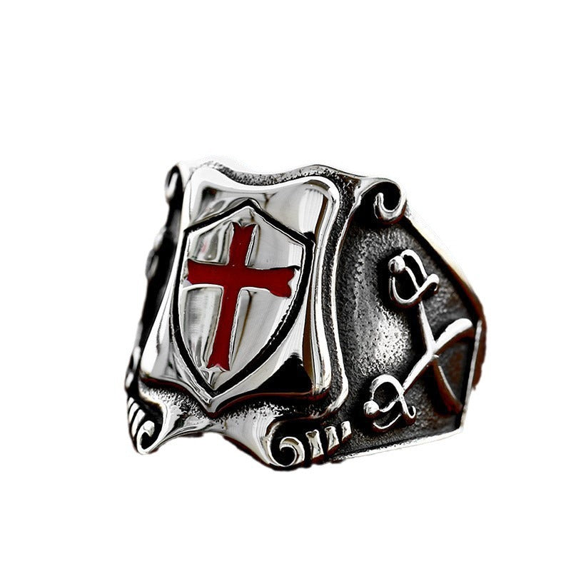 Vintage-Inspired Titanium Steel Shield Cross Epoxy Ring for Men - Sizes 7-13 Available