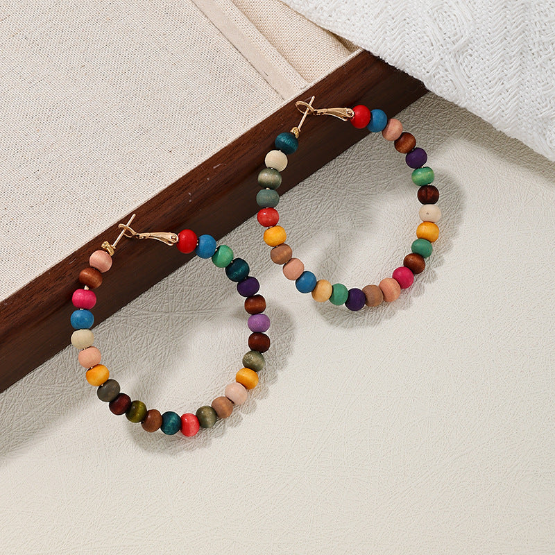 Vibrant Wooden Bead Circle Earrings Set - Wholesale Women's Fashion Accessories