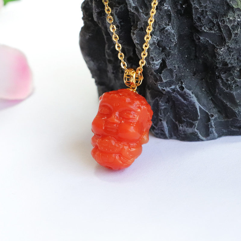 Red Agate Baby Buddha Necklace with Sterling Silver Needle