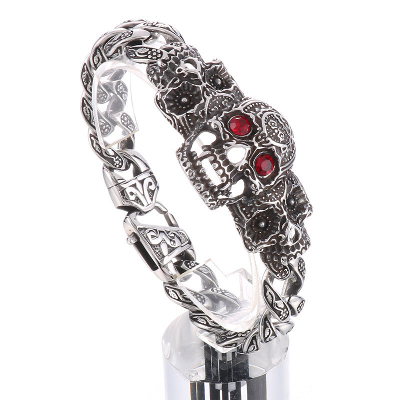 European and American Punk Style Stainless Steel Skull Bracelet with Retro Red-Eye Design for Men