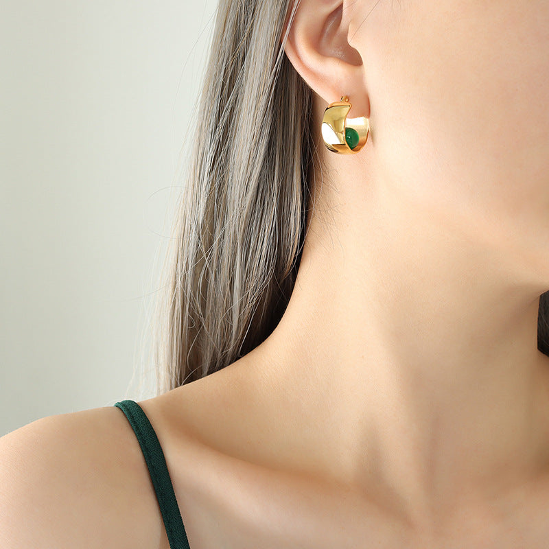 Elegant Green U-Shaped Earrings - Titanium Steel with 18K Gold Plating