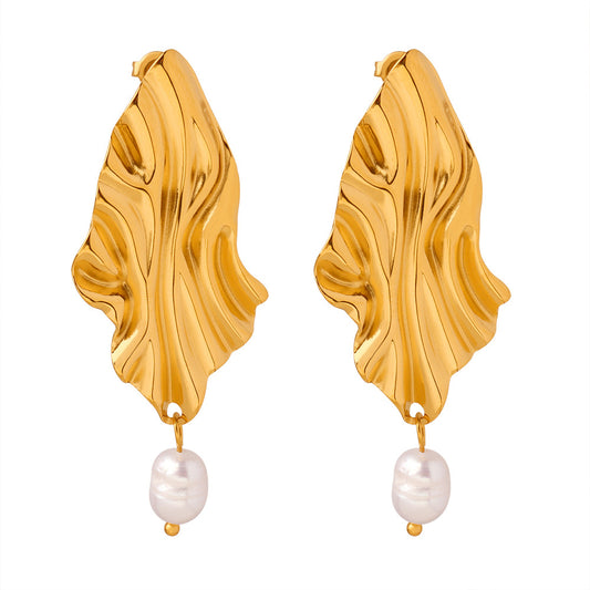 Elegant Titanium Steel Earrings with Freshwater Pearl Pendant in Gold Plating