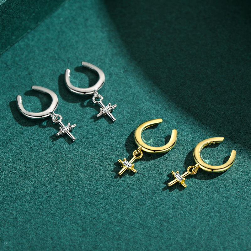 S925 Pure Silver Cross Ear Clips for Non-Pierced Ears