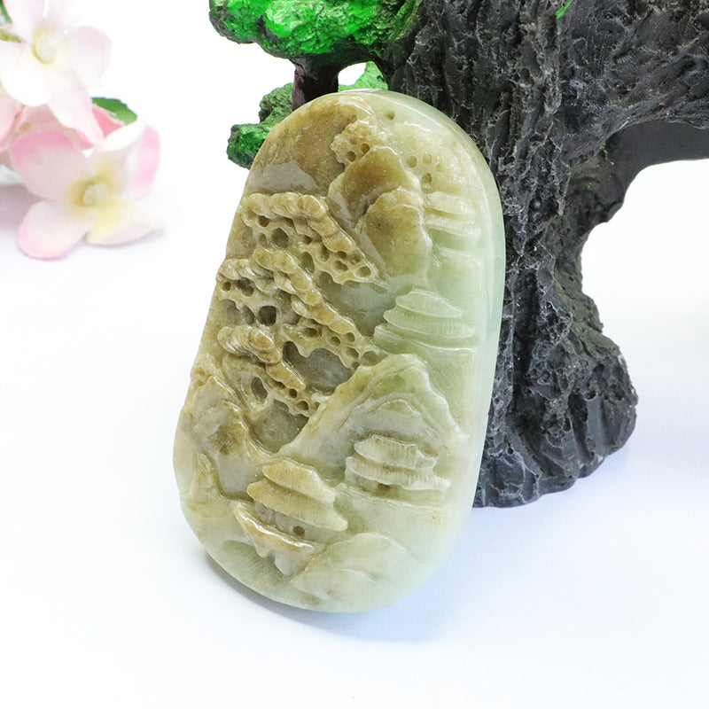 Yellow Green Jade Landscape Sculptured Sterling Silver Pendant