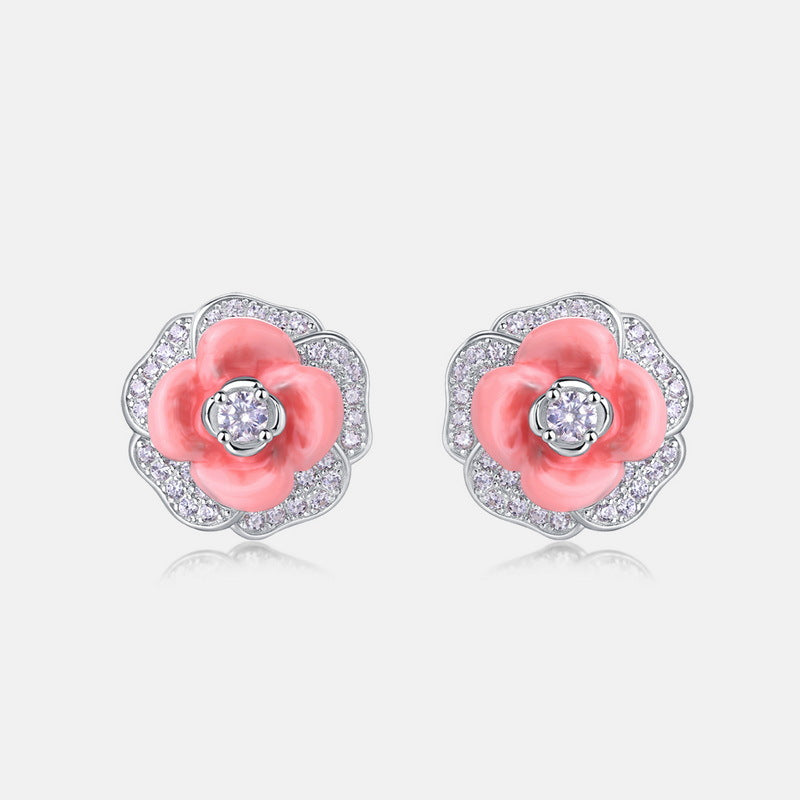 Zircon Red Camellia Flower Sterling Silver Stud Earrings