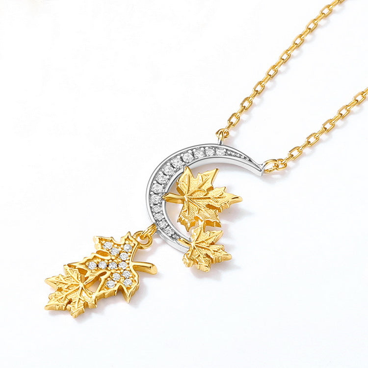 Two Tone Maple Leaf Moon Pendant Zircon Sterling Silver Necklace