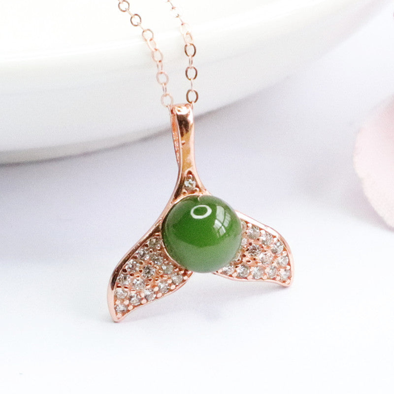 S925 Silver Natural Hotan Jade Jasper Zircon Fishtail Necklace Jewelry