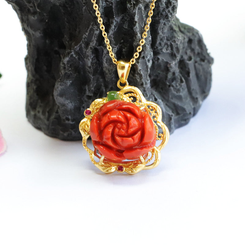 Southern Red Agate Peony Flower Necklace crafted in Sterling Silver