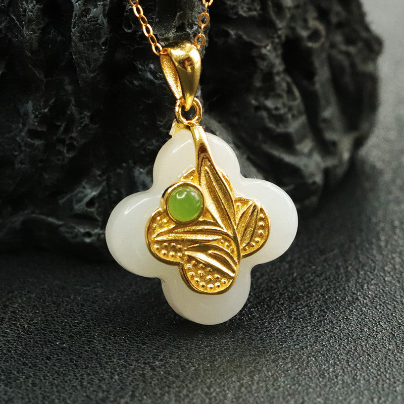 Sterling Silver Four Leaf Grass Hotan Jade Pendant Necklace