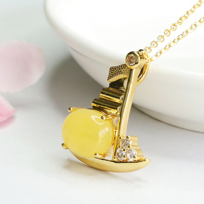 Golden Amber Beeswax Sailing Boat Pendant Necklace