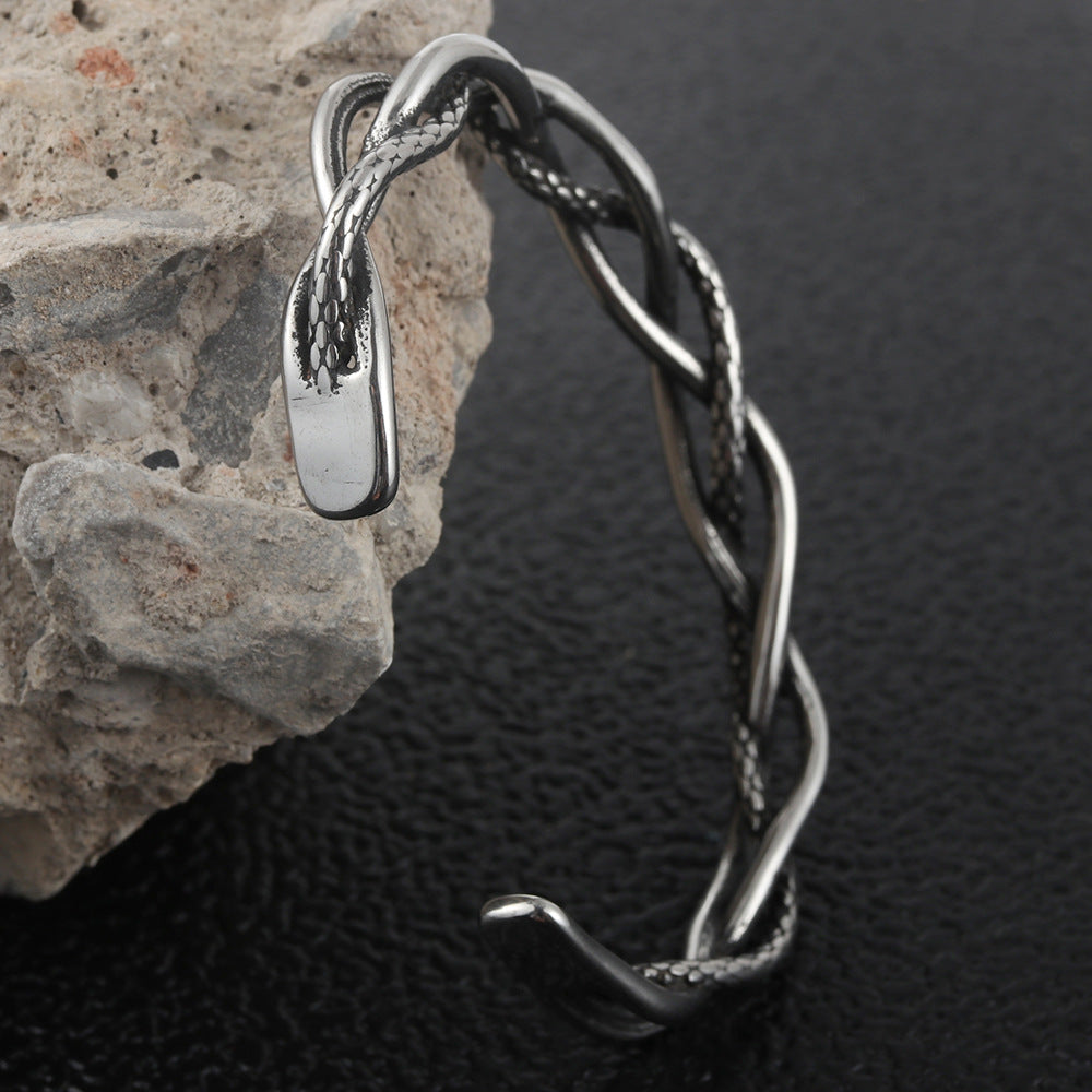 Trendy Men's Titanium Steel Woven Open Bracelet - Elegant Hollow Design for Modern Style