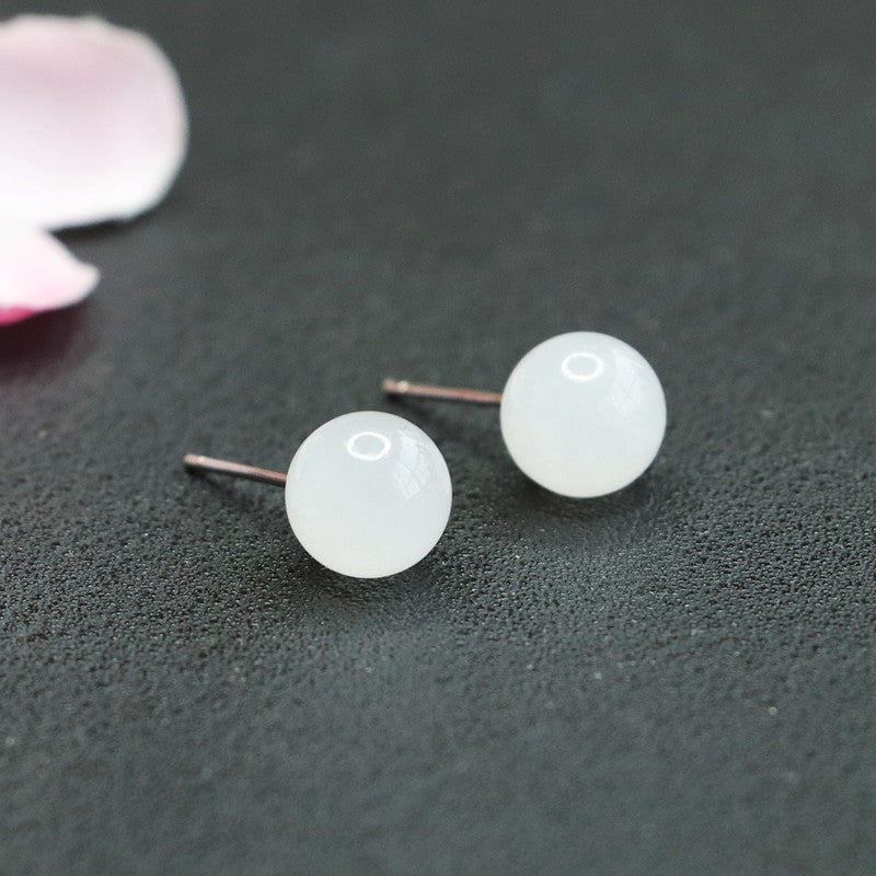 S925 Sterling Silver White Jade Bead Stud Earrings