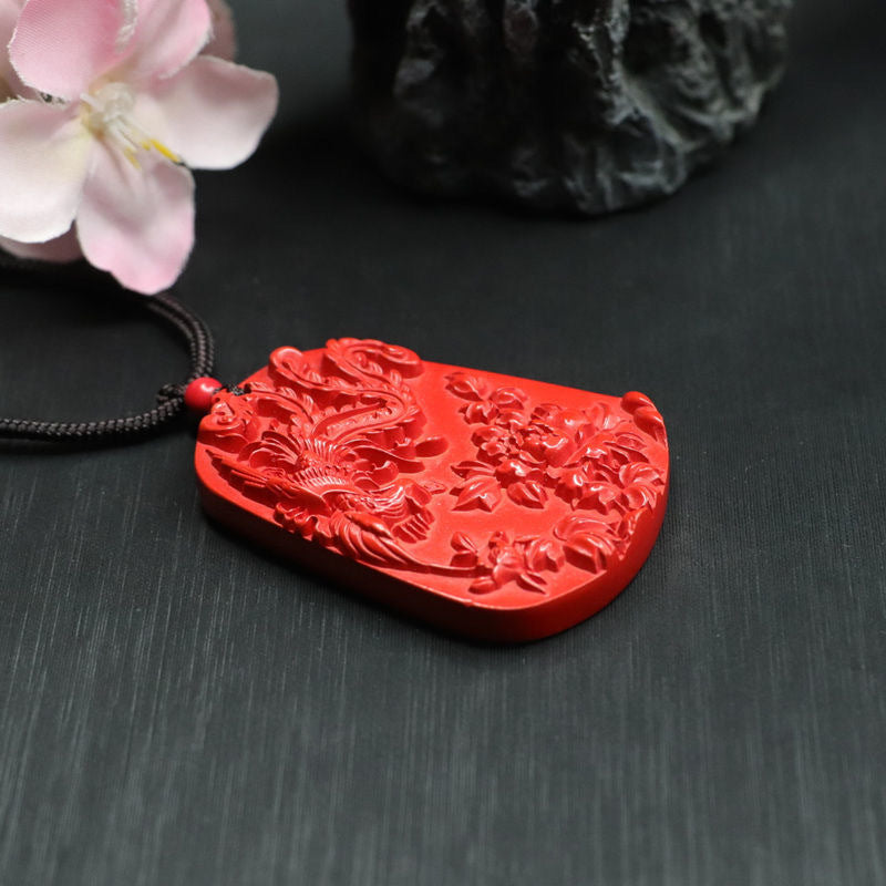 Cinnabar Phoenix Peony Sterling Silver Pendant