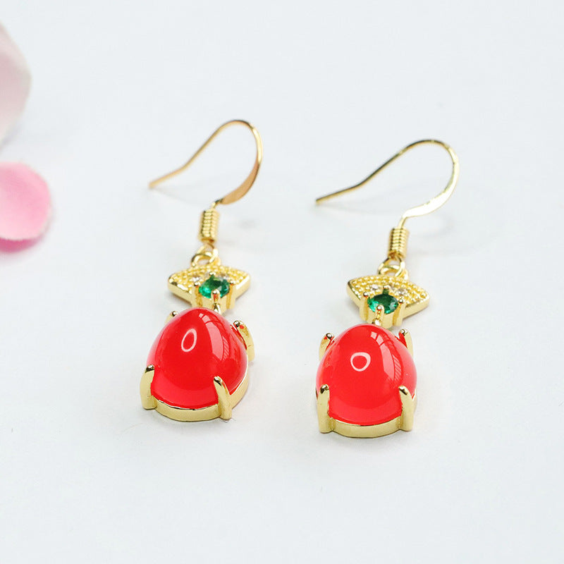 Fortune's Favor Green Chalcedony Red Agate Sterling Silver Earrings with Golden Ear Hooks