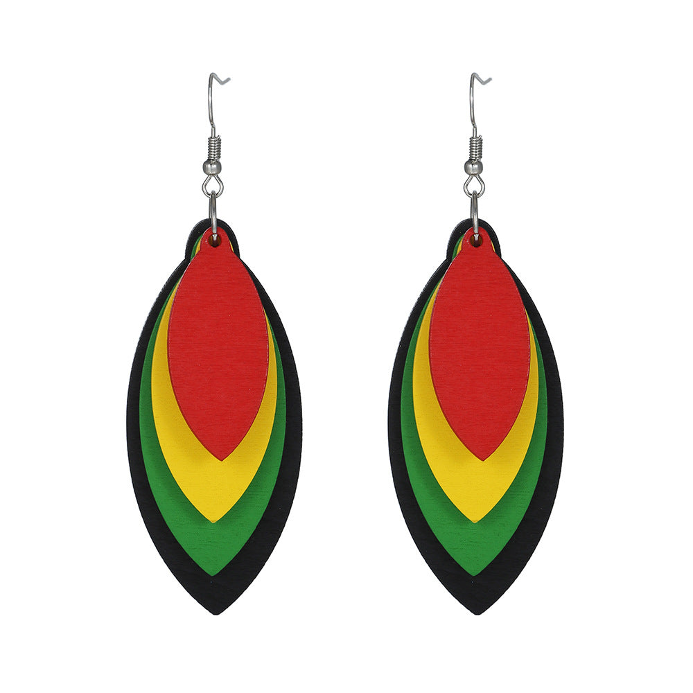 African Leaf Layered Wooden Earrings with Retro Style