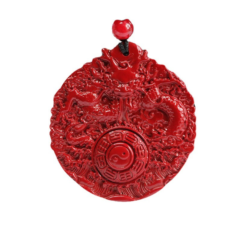 Dragon Bagua Sterling Silver Pendant with Cinnabar Stone - Prosperity and Protection Symbol